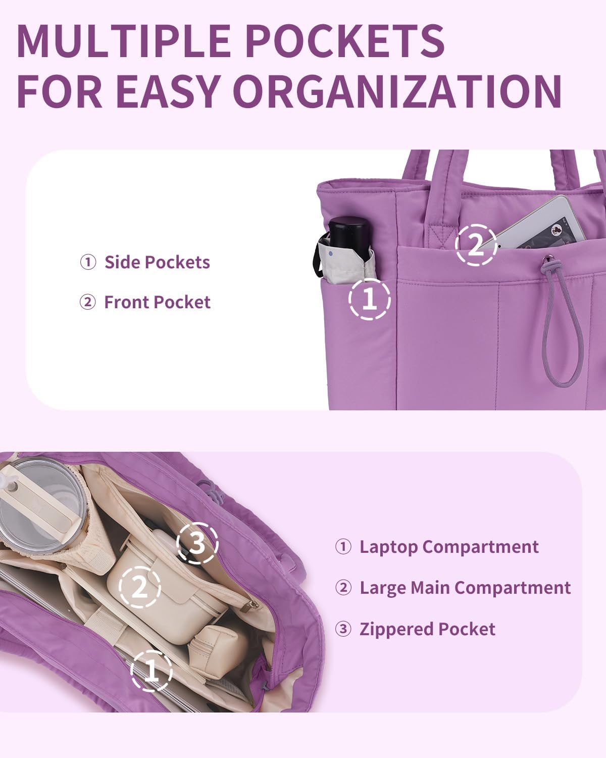 Sac Puffer matelassé avec porte-gobelet et poche pour ordinateur portable, idéal pour le voyage et le travail