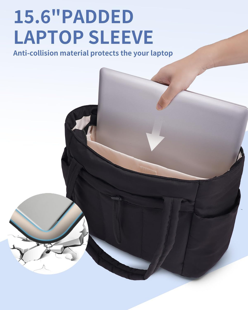Sac Puffer matelassé avec porte-gobelet et poche pour ordinateur portable, idéal pour le voyage et le travail