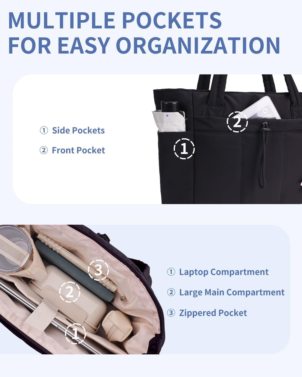 Sac Puffer matelassé avec porte-gobelet et poche pour ordinateur portable, idéal pour le voyage et le travail