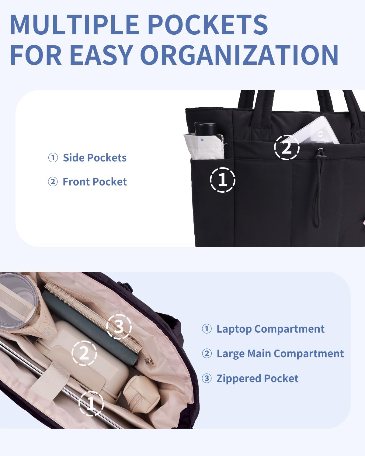Sac Puffer matelassé avec porte-gobelet et poche pour ordinateur portable, idéal pour le voyage et le travail