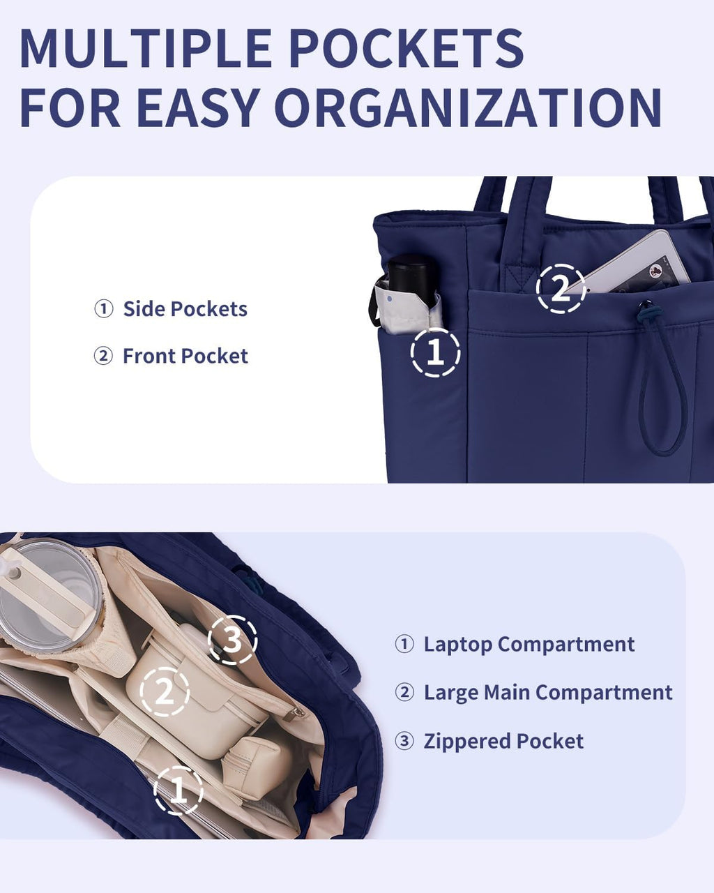 Sac Puffer matelassé avec porte-gobelet et poche pour ordinateur portable, idéal pour le voyage et le travail