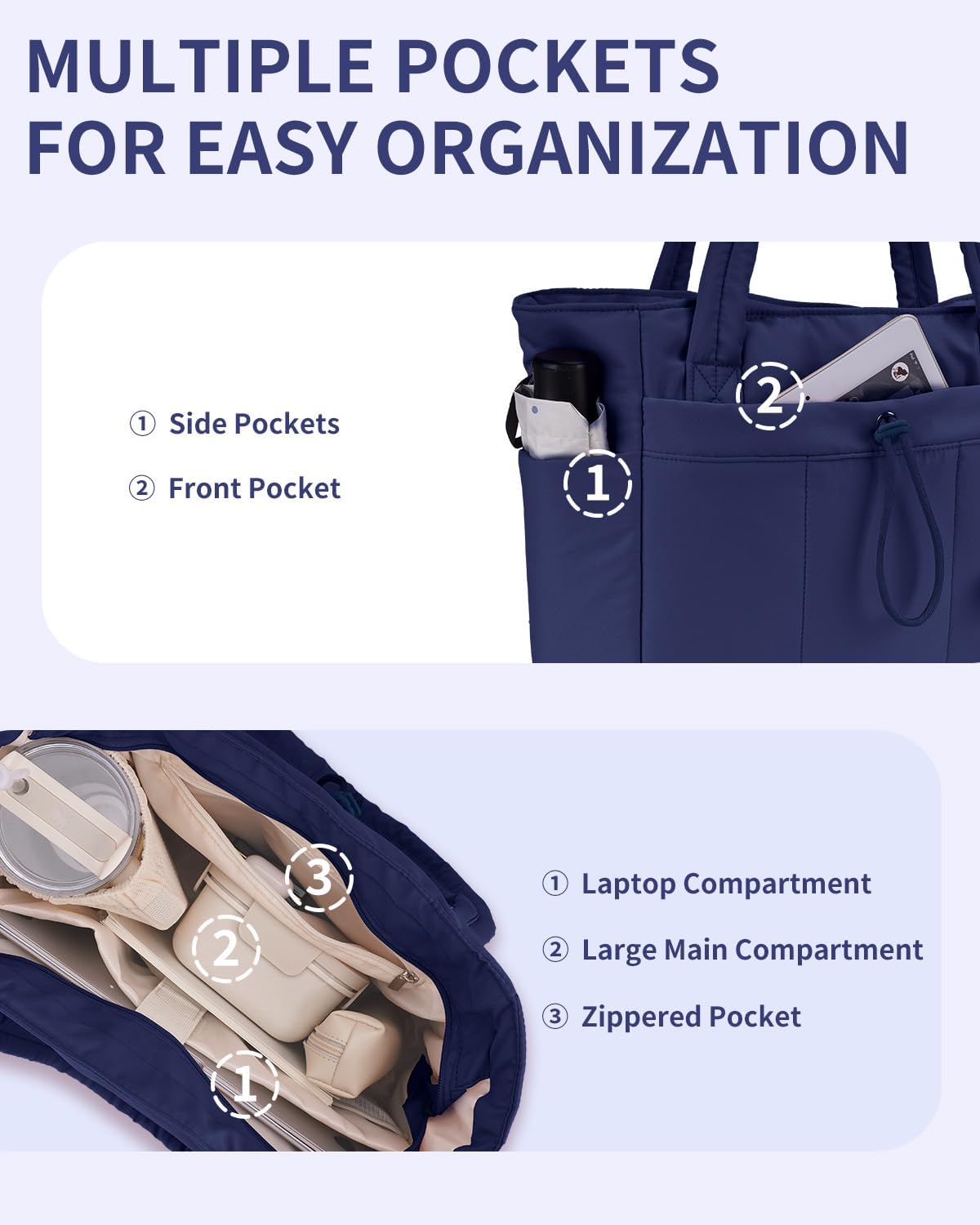 Sac Puffer matelassé avec porte-gobelet et poche pour ordinateur portable, idéal pour le voyage et le travail