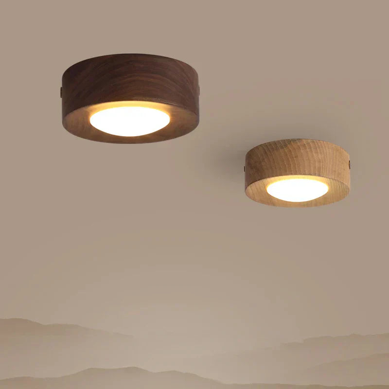 Lampe de Plafond LED en Bois avec Finition Noyer et Design Rond Minimaliste