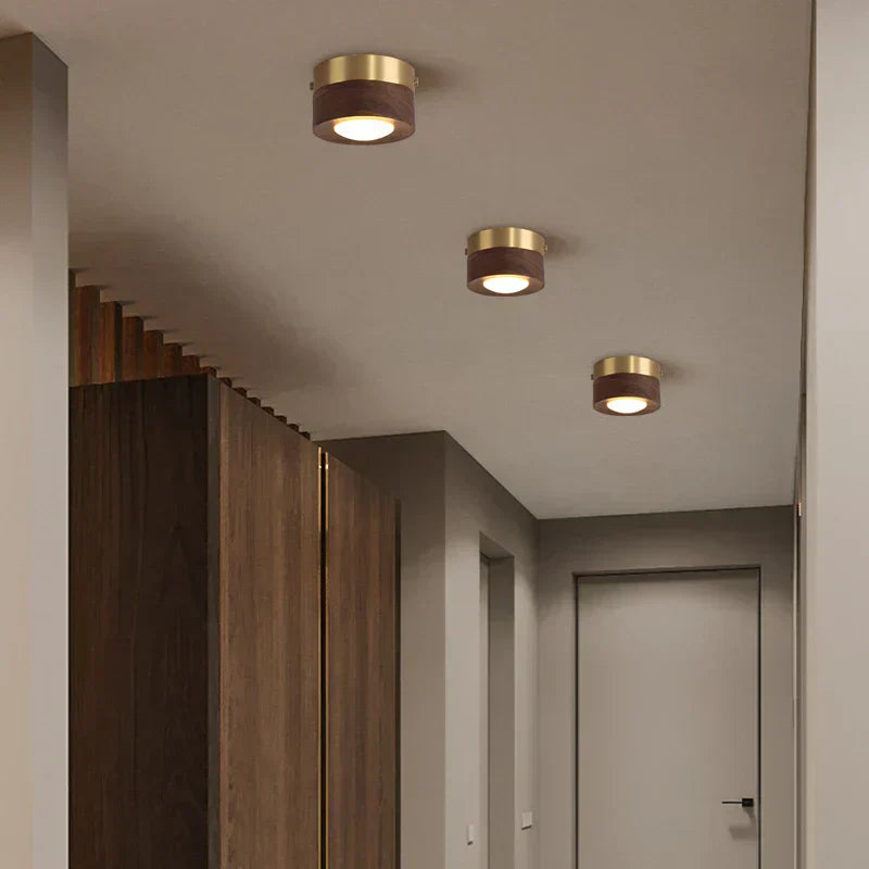 Lampe de Plafond LED en Bois avec Finition Noyer et Design Rond Minimaliste